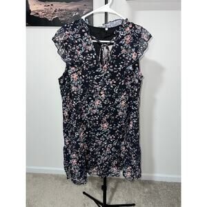 Black Fashion ditsy floral print mini dress ruffle sleeves dress sz M
